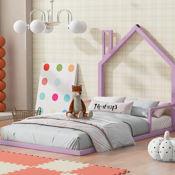 Twin Size Metal Floor Bed with House-shaped Headboard, Pink