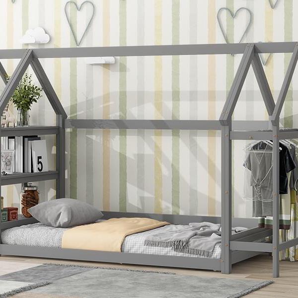 Twin size wood house bed with storage shelf and hanger ,kids bedroom set,Grey