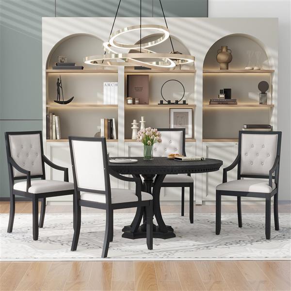 Retro 5-piece Dining Set Extendable Round Table and 4 Chairs for Kitchen Dining Room (BLACK OAK)