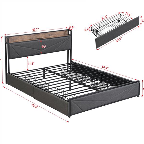 Queen Bed Frame, Storage Headboard with Charging Station, Solid and Stable, Noise Free, No Box Spring Needed, Easy Assembly