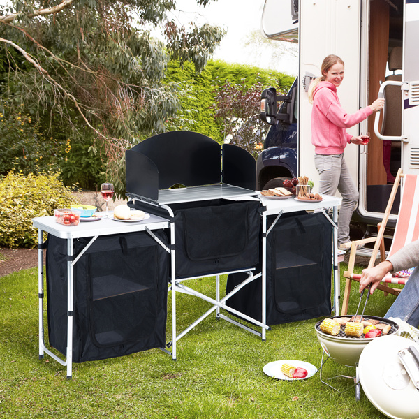 Aluminum Portable Camping Kitchen Fold-Up Cooking Table With Windscreen and 3 Enclosed Cupboards for BBQ, Party, Picnics, Backyards 