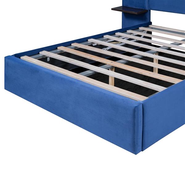 Full Size Storage Upholstered Hydraulic Platform Bed with 2 Shelves, 2 Lights and USB, Blue