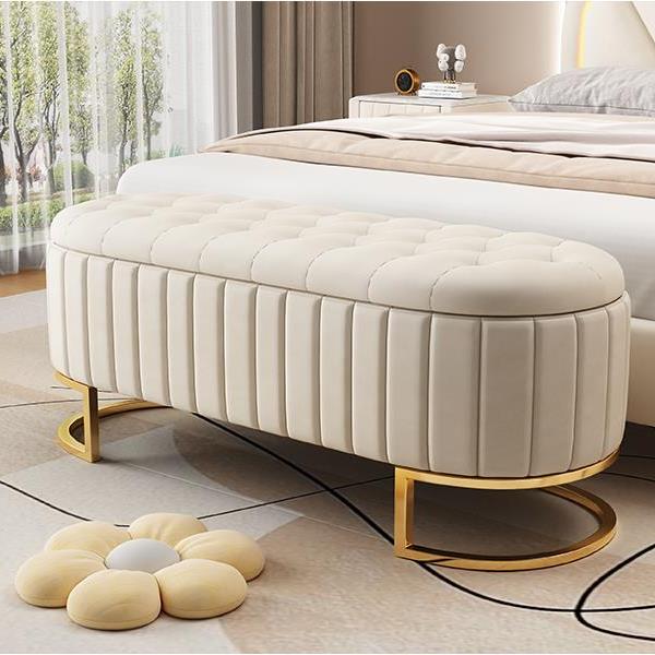 Elegant Upholstered Velvet Storage Ottoman with Button-Tufted,Storage Bench with Metal Legs for Bedroom,Living Room,Fully Assembled Except Legs,Beige