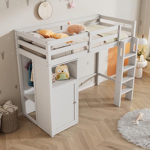 Twin Loft Bed with Wardrobe, Storage Shelves and Ladder, White