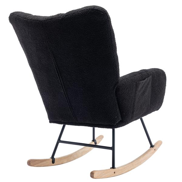 Rocking Chair with Pocket, Soft Teddy Fabric Rocking Chair for Nursery, Comfy Wingback Glider Rocker with Safe Solid Wood Base for Living Room Bedroom Balcony (black)