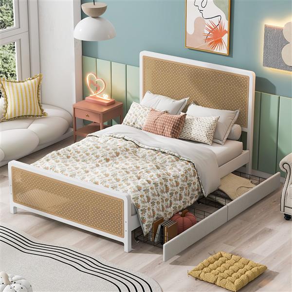 Queen Size Metal Platform Bed with 2 Drawers, White