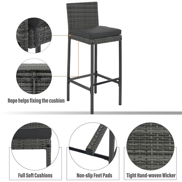 5-pieces Outdoor Patio Wicker Bar Set, Bar Height Chairs With Non-Slip Feet And Fixed Rope, Removable Cushion, Acacia Wood Table Top, Brown Wood And Gray Wicker