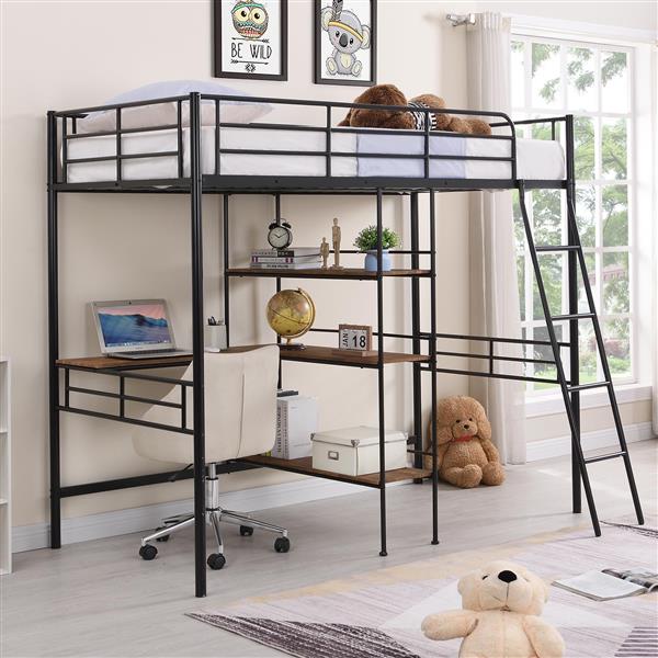 Twin Size Metal Loft Bed and Built-in Desk and Shelves,Black