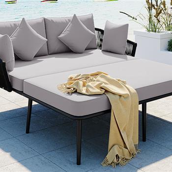 Outdoor Patio Daybed, Woven Nylon Rope Backrest with Washable Cushions for Balcony, Poolside, Set for 2 Person, Gray