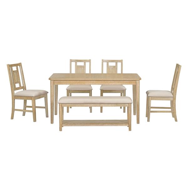 6-piece Retro Dining Set, Minimalist Dining Table and 4 upholstered chairs & 1 bench with a shelf for Dining Room(Natural Wood Wash)