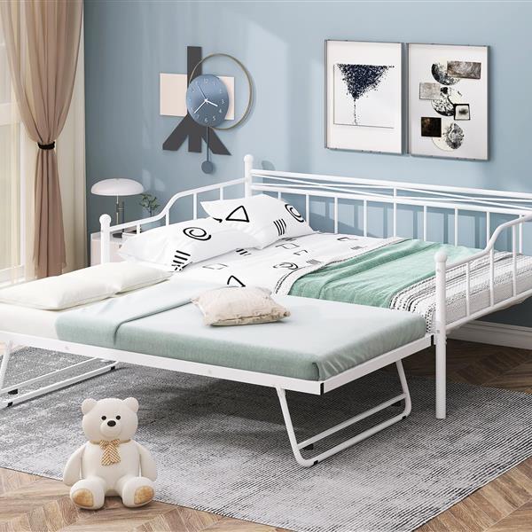 Full Size Metal Daybed with Twin Size Adjustable Trundle, Portable Folding Trundle, White