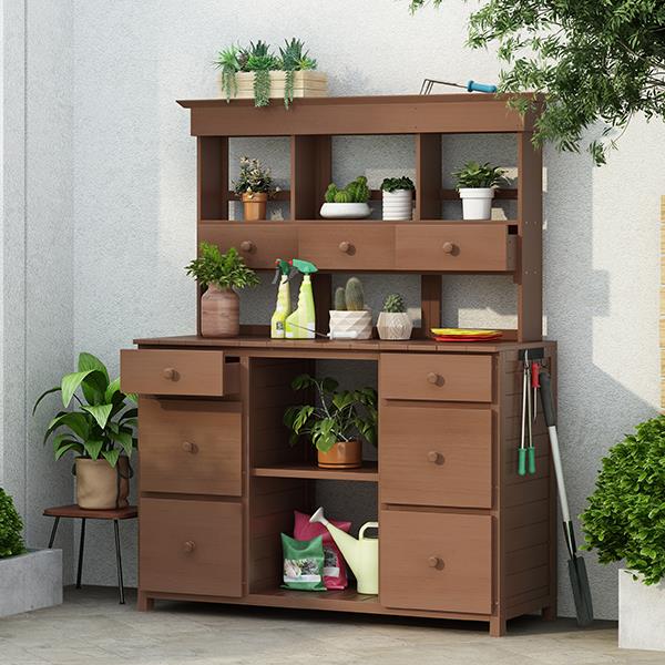 [Video Provided] Garden Potting Bench Table, Rustic and Sleek Design with Multiple Drawers and Shelves for Storage, Brown