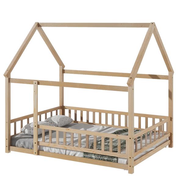 Full Size Floor Wooden Bed with House Roof Frame, Fence Guardrails ,Natural