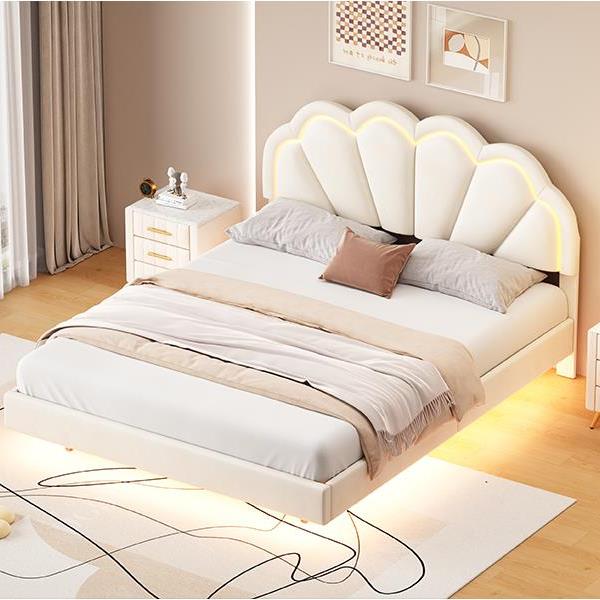 Queen Upholstered Smart LED Bed Frame with Elegant Flowers Headboard,Floating Velvet Platform LED Bed with Wooden Slats Support,Beige