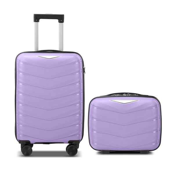  V-shaped striped 2-piece set with PP handbag PP trolley case 14in 20in PP iron trolley fashionable color - taro purple (grain pattern)