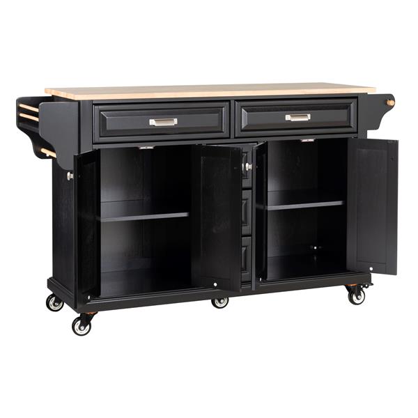 Kitchen Island with Rubber wood Countertop, Kitchen Cart on 5 Wheels with Storage Cabinet and 5 Drawers for Dinning Room, Black