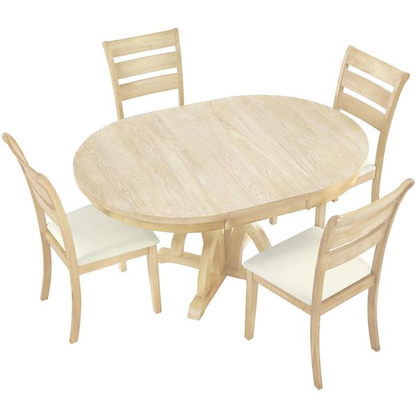 5-Piece Farmhouse Round Pedestal Extending Dining Table Set Extendable Kitchen Table Set with 15.8" Removable Leaf and Ladder Back Dining Chairs for Small Places, Natural