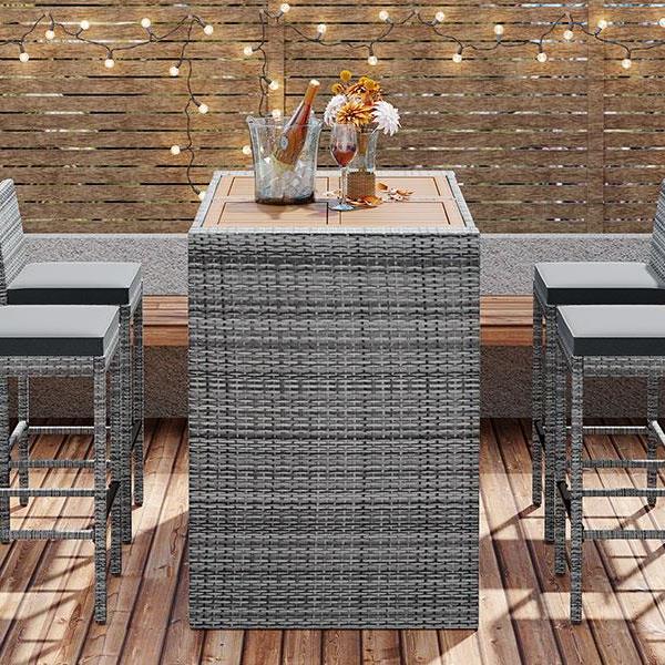 5-pieces Outdoor Patio Wicker Bar Set, Bar Height Chairs With Non-Slip Feet And Fixed Rope, Removable Cushion, Acacia Wood Table Top, Brown Wood And Gray Wicker