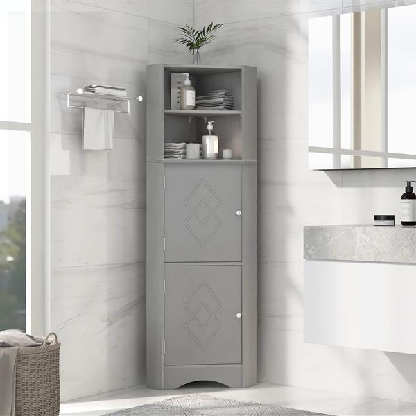 Tall Bathroom Corner Cabinet, Freestanding Storage Cabinet with Doors and Adjustable Shelves, MDF Board, Gray