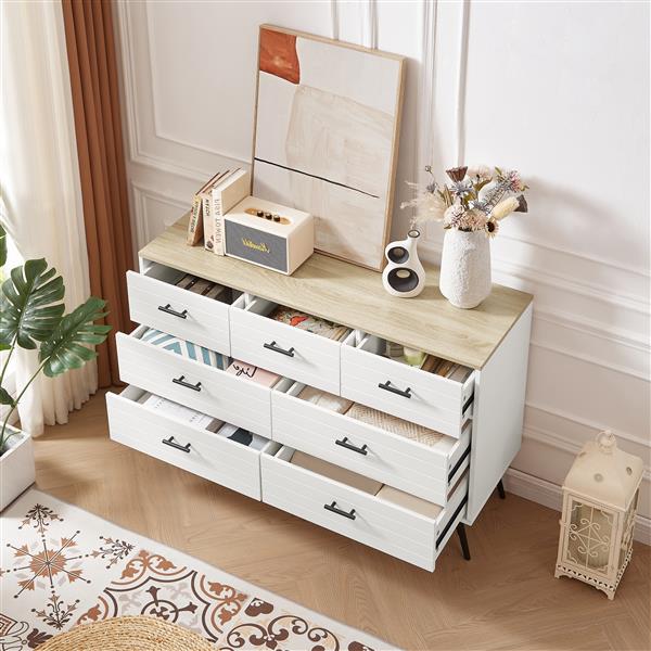 7 Drawer Dresser for Bedroom with Deep Drawers, Wood Dressers & Chest of Drawers, Modern White Long Dressers for Closet Living Room, 47.2"W x 15.7"D x 31.5"H, White & oak