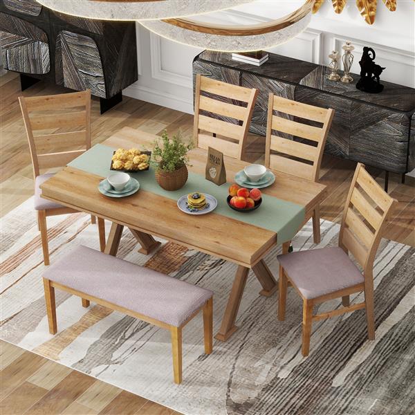 6-Piece Retro 59"L Rectangular Dining Table Set, Table with Unique Legs and 4 Upholstered Chairs & 1 Bench for Dining Room and Kitchen (Natural Wood Wash)