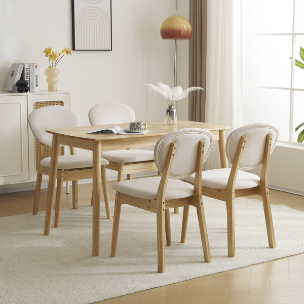 Disassembly rubber wood soft package wood color dining table and chair set 1 table 4 chair beige cushion rectangular