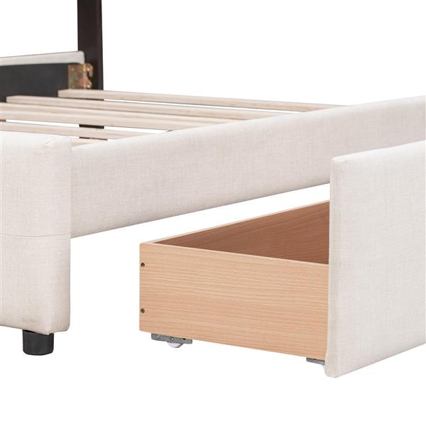 Upholstered Platform Bed with Classic Headboard and 4 Drawers, No Box Spring Needed, Linen Fabric, Queen Size Beige