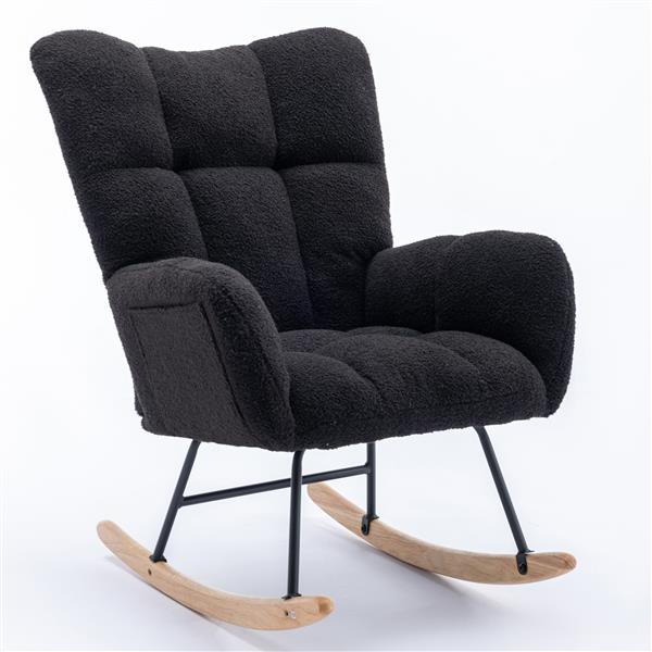 Rocking Chair with Pocket, Soft Teddy Fabric Rocking Chair for Nursery, Comfy Wingback Glider Rocker with Safe Solid Wood Base for Living Room Bedroom Balcony (black)