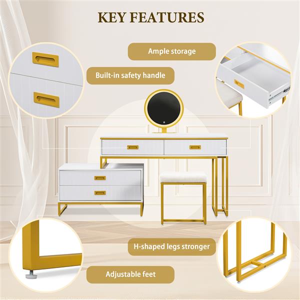 Modern Style Vanity Table With Movable Side Cabinet And 4-Drawers, Large Size Dressing Table With Mirror and 3-colors LED Light, Makeup Table With Stool, White, Golden Legs