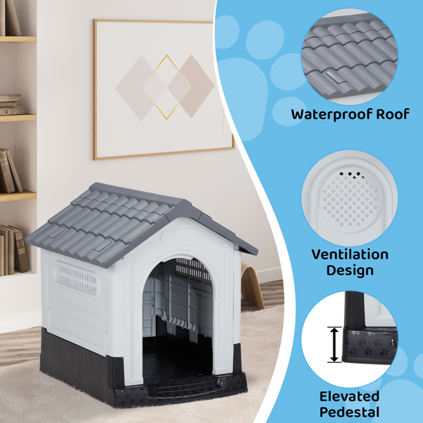 26 inch Plastic Dog House, Indoor Outdoor Doghouse Pet House with Air Vents and Elevated Floor, Insulated Water Resistant Puppy Shelter Kennel for Small Dogs, Gray & White