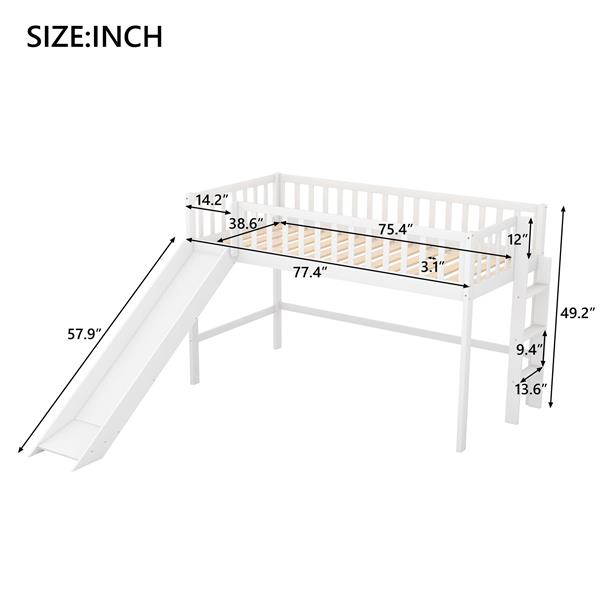 Twin Size Low Loft Bed with Ladder and Slide,White