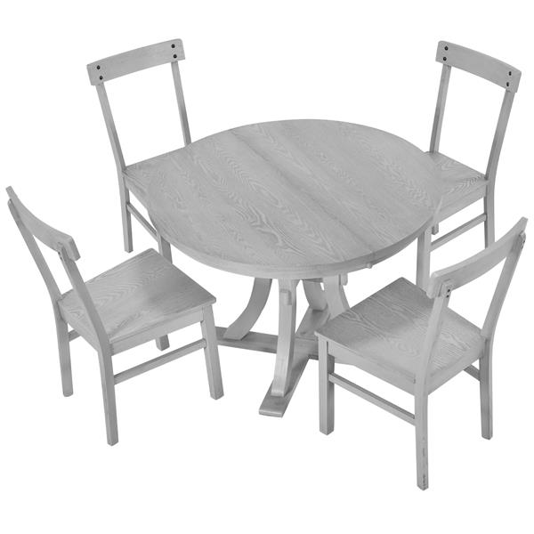 5-Piece Rustic Round Pedestal Extendable Dining Table Set with 15.7" Removable Leaf and Simple Dining Chirs for Small Places, Gray