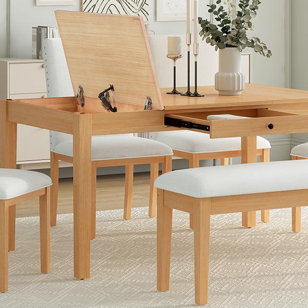 Farmhouse 6-Piece Dining Table Set with Storage Table, Kitchen Table Set with Drawer, Storable Bench and Upholstered Dining Chairs, Natural+Beige