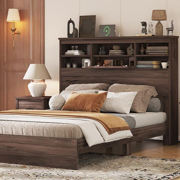 Queen Size Wooden Platform Bed with Storage Headboard,American Country Style Bed with USB Charging Ports,Dark Walnut