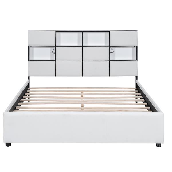 Queen Size Upholstered Platform Bed with LED, Storage and USB, Beige