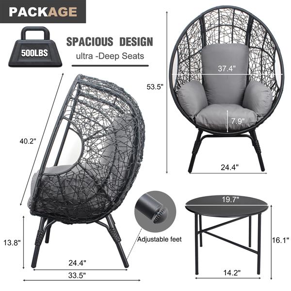 Patio PE Wicker Egg Chair Model 3 with Black Color Rattan Grey Cushion and Side Table