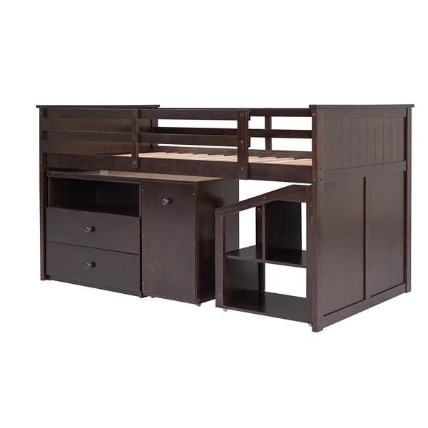 Loft Bed Low Study Twin Size Loft Bed With Storage Steps and Portable,Desk,Espresso