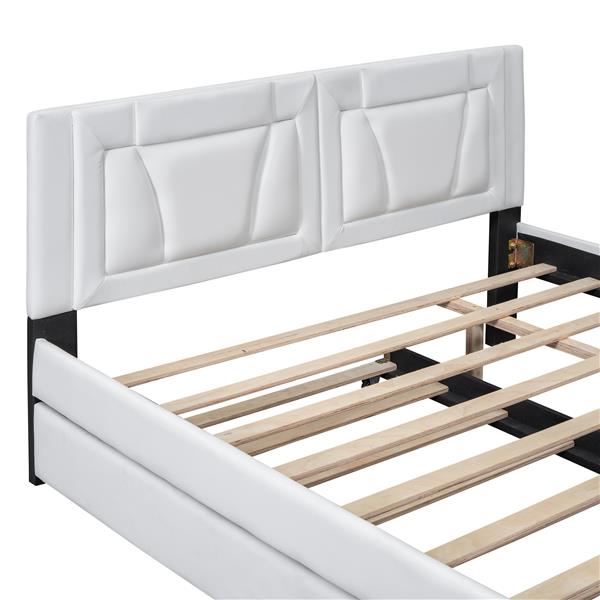 Queen Size Upholstered Platform Bed with Headboard and Twin Size Trundle, White