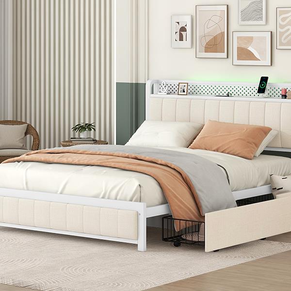 Queen Bed Frame with LED Headboard, Upholstered Bed with 4 Storage Drawers and USB Ports, Beige