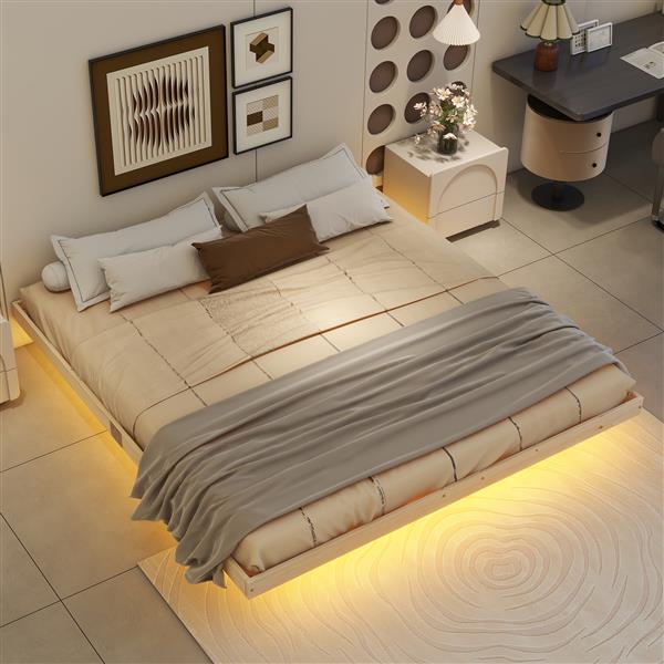 King Size Floating Bed with LED Lights Underneath,Modern King Size Low Profile Platform Bed with LED Lights,Natrual