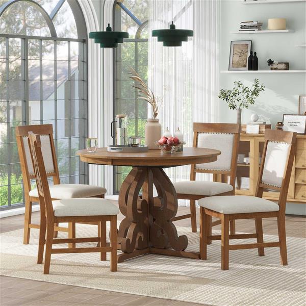 5-Piece Retro Functional Dining Set, 1 Extendable Table with a 16-inch Leaf and 4 Upholstered Chairs for Dining Room and Kitchen (Walnut)