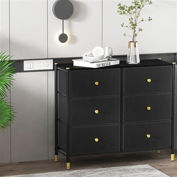 Drawer Dresser,Tall Dresser with 6 PU Leather Front Drawers, Storage Tower with Fabric Bins, Double Dresser, Chest of Drawers for Closet, Living Room, Hallway, Children's Room, color:Black