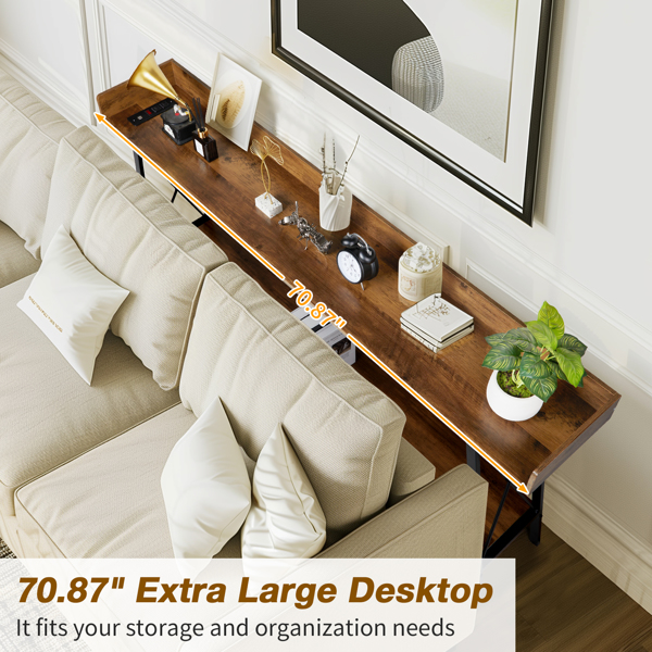 70.9 inch Extra Long Console Table with 2 Power Outlets & USB Ports, Rustic Industrial Sofa Table Behind Couch for Living Room, Narrow Entryway Hallway Long Bar Table, Brown