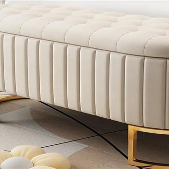 Elegant Upholstered Velvet Storage Ottoman with Button-Tufted,Storage Bench with Metal Legs for Bedroom,Living Room,Fully Assembled Except Legs,Beige