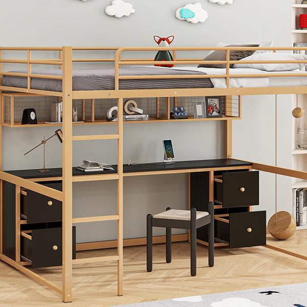 Full Size Metal Loft Bed with Desk, Drawers and Bedside Tray, Charging Station, USB and socket