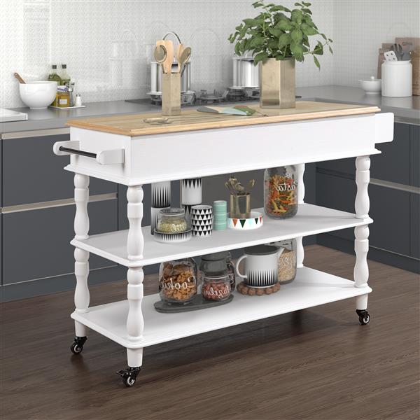 56 inch Rolling Kitchen Island with Storage,Kitchen Cart with Solid OAK Wood Top,Two-sided Kitchen island Cart on Wheels ,Wine and Spice Rack, Large Kitchen Cart with 2 Drawers, Milk White+Natural Top