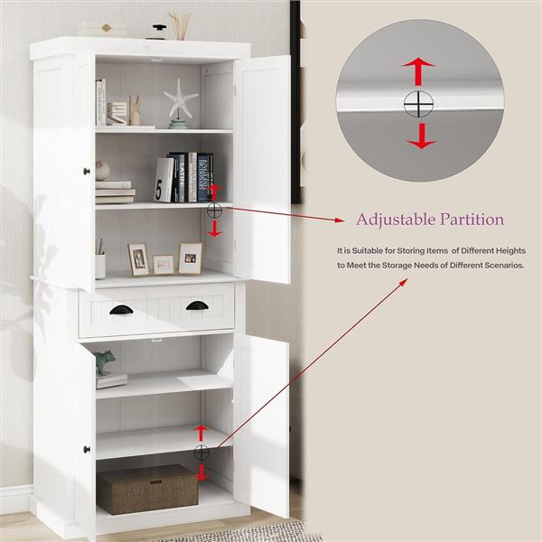 71" Kitchen Pantry Storage Cabinet , with 4 Doors, Drawer, 2 Adjustable Shelves,  Cupboard for Dining Room Living Room, Laundry-White