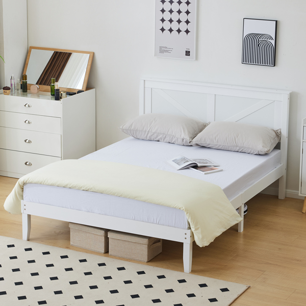 Full Size Solid Wood Platform Bed Frame with Headboard White