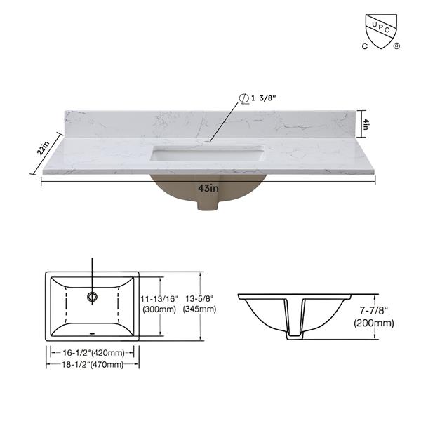 43"x 22" bathroom stone vanity top carrara jade  engineered marble color with undermount ceramic sink and single faucet hole with backsplash