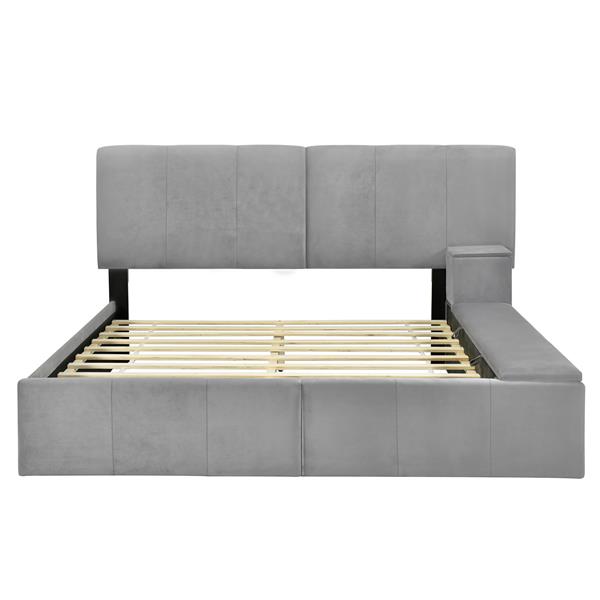 Queen Size Upholstered Platform Bed with Lateral Storage Compartments and Thick Fabric, Velvet, Gray